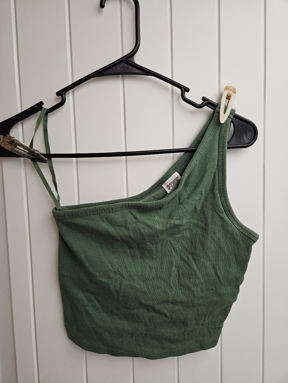 PINK Victoria's Secret Green Ribbed One-Shoulder Crop Top